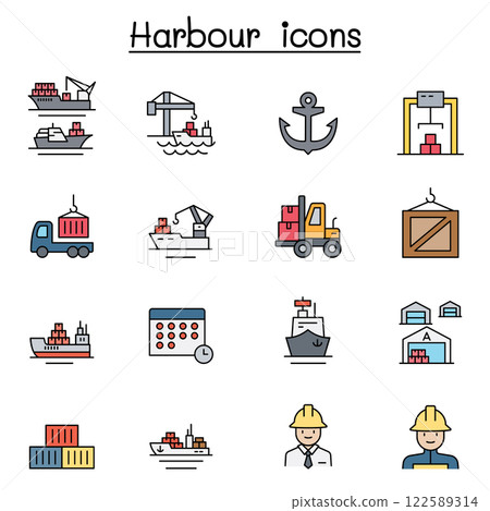 Port icon set in color line style Port icon set in color line style 122589314