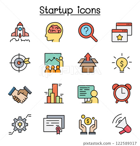 Startup icon set in color line style Startup icon set in color line style 122589317