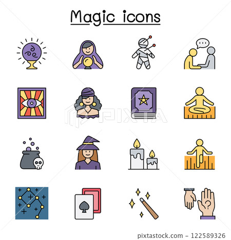 Magic and clairvoyance icon set in color line style 122589326