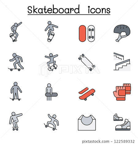 Skateboard icon set in color line style 122589332