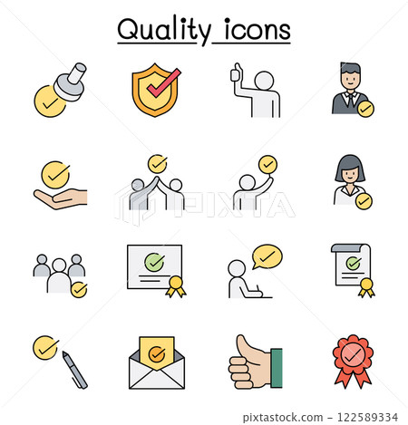Quality, Approved, Check mark icon set in color line style Quality, Approved, Check mark icon set in color line style 122589334