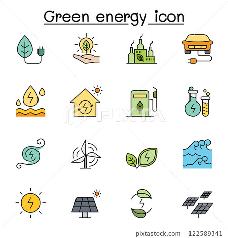 Green energy icon set in color line style Green energy icon set in color line style 122589341