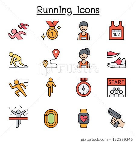 Running competition icon set in color line style Running competition icon set in color line style 122589346