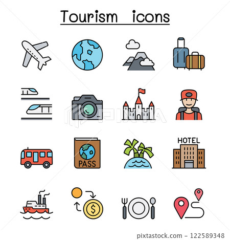 Traveling, transport and Tourism icon set in color line style Traveling, transport and Tourism icon set in color line style 122589348