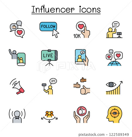 Influence people and Brand ambassador icon set in color line style Influence people and Brand ambassador icon set in color line style 122589349