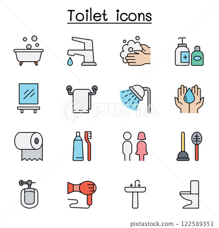 Bathroom icon set in color line style 122589351
