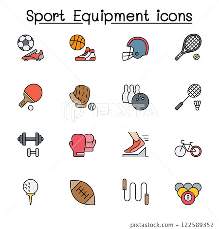 Sport equipment icon set in color line style 122589352