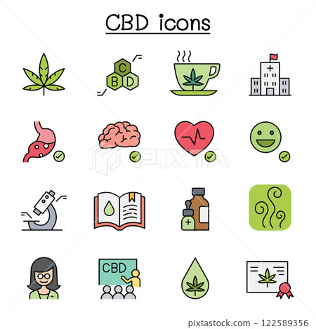 CBD, Cannabis icon set in color line style 122589356