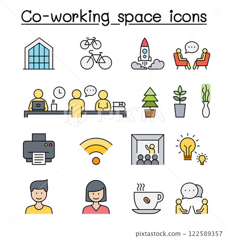 Co-working space and Startup icon set in color line style 122589357