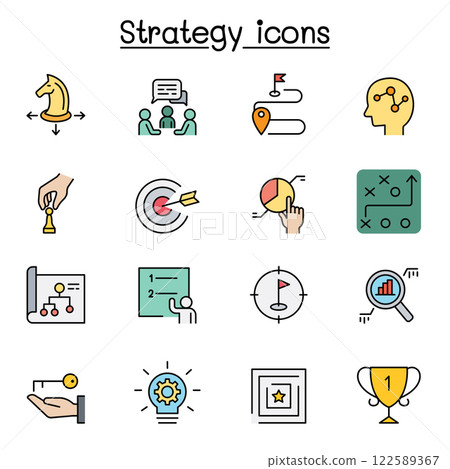 Strategy and planing icon set in color line style 122589367