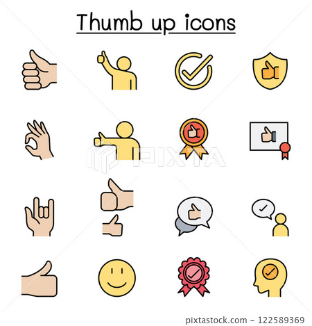 Approved and thumb up icon set in color line style Approved and thumb up icon set in color line style 122589369