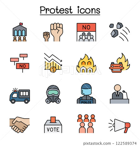 Protest and chaos icon set in color line style Protest and chaos icon set in color line style 122589374
