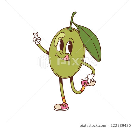 Cartoon groovy green olive vegetable character happily posing with sticking tongue. Isolated vector cheerful retro y2k veggie personage with a leaf, hippie sneakers, expressive eyes and happy face 122589420