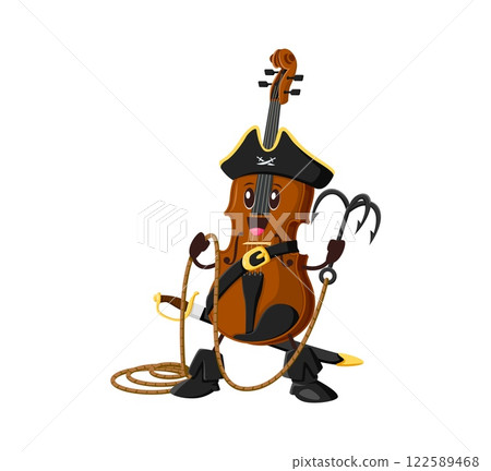 Cartoon groovy violin pirate or corsair character, vector musical instrument. Groovy violin fiddle as Caribbean pirate captain with funny face and saber sword for music instrument cartoon character Cartoon groovy violin pirate or corsair character, vector musical instrument. Groovy violin fiddle as Caribbean pirate captain with funny face and saber sword for music instrument cartoon character 122589468