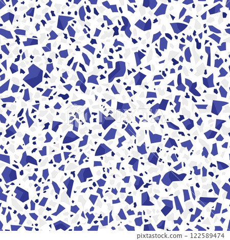 White and blue terrazo ceramic tile pattern, terazzo marble stone floor, terazo mosaic texture background. Vector seamless repeated ornament, featuring irregularly shaped abstract scattered fragments 122589474