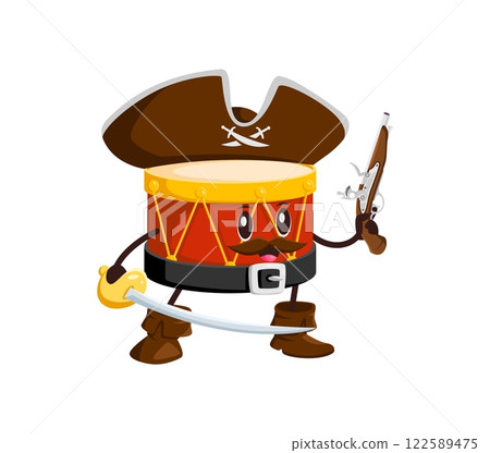 Cartoon groovy drum pirate or musical instrument corsair, vector character. Groovy drum as Caribbean pirate in captain tricorn hat with handgun, sword and funny face for music instrument character 122589475