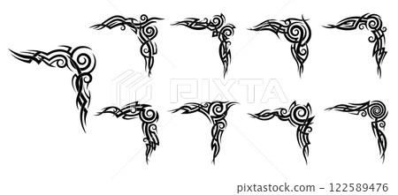 Black celtic and maori tribal tattoos set. Vector black corners, decorative angle borders in ancient folk style with curves or swirls. Traditional monochrome maori ornaments, pattern or embellishments Black celtic and maori tribal tattoos set. Vector black corners, decorative angle borders in ancient folk style with curves or swirls. Traditional monochrome maori ornaments, pattern or embellishments 122589476