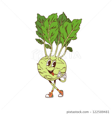 Cartoon groovy kohlrabi cabbage vegetable character. Fun and quirky healthy vitamin food. Vector ripe veggie retro personage with a cheerful face, green leaves striking playful pose with heart gesture 122589481