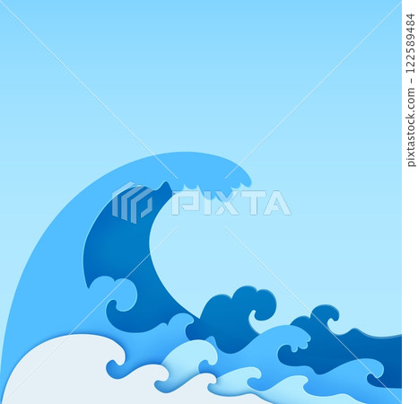 Paper cut sea tsunami wave 3d vector background, featuring blue fluid ripples of water splash, liquid splashing spatters in a papercut style, symbolizing fluidity, ocean storm, marine surf motion 122589484