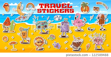 Cartoon groovy travel and summer vacation stickers pack featuring playful characters like a surfing banana, watermelon with surfboard, dancing suitcase, flamingo float on a sunny beach background Cartoon groovy travel and summer vacation stickers pack featuring playful characters like a surfing banana, watermelon with surfboard, dancing suitcase, flamingo float on a sunny beach background 122589488