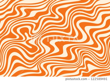 Caramel peanut swirl pattern groovy background. Vector abstract wavy distorted ornament with beige and orange stripes. Sweet candy dessert psychedelic texture. Dynamic backdrop with optical illusion 122589491