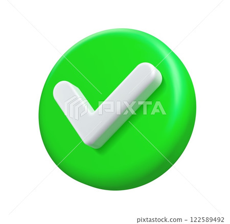 3d check icon, checklist tick, done mark. Green circle with a white tick angle view. Isolated vector plastic style checkmark, symbol of selection, confirmation or approval. Yes button for web app 122589492
