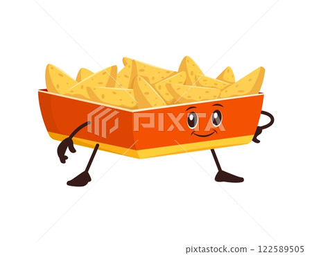 Cartoon funny fried potato wedges fast food character. Vector potato chops in red carton box. Kawaii fastfood personage, funny takeaway cafe menu junk meal. Fried vegetable snack with smiling face Cartoon funny fried potato wedges fast food character. Vector potato chops in red carton box. Kawaii fastfood personage, funny takeaway cafe menu junk meal. Fried vegetable snack with smiling face 122589505