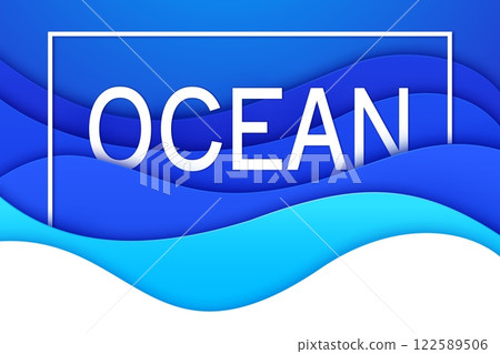 Blue paper cut sea wave banner with blue and white 3d layers and typography Ocean framed within rectangular border. Vector papercut card for marine, beach, travel, water or ecological awareness themes 122589506