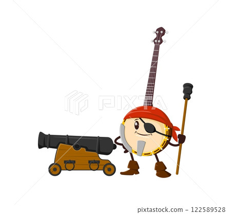 Cartoon banjo musical instrument pirate and corsair character features playful face with an eyepatch, red bandana and boots, stands proudly next to a cannon, adding a nautical adventure and art vibe 122589528