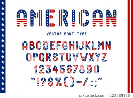 Usa flag font, American patriotic typeface, United States type, red blue and white US English alphabet. Vector abc letters, symbols, numbers adorned with stripes and stars celebrating national pride 122589536