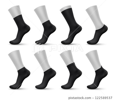 Realistic black man socks, 3d vector sox mockups for fashion and sportswear designs. Isolated fabric, elastic sock templates feature cotton toe cover, no show, extra or low cut, quarter and mid calf 122589537