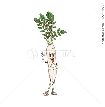 Cartoon groovy daikon vegetable character with big, expressive eyes and a friendly smile flashing a funky rock hand gesture. Isolated vector radish, farm food retro personage exudes playful vibes 122589539