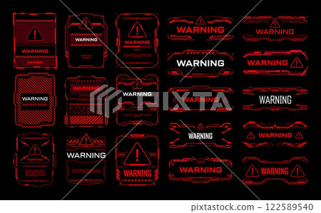 Red warning danger HUD interface frames. Vector alert, attention notification, caution, futuristic ski fi UI signs and elements in modern technology style. Pop up alarm screens for hacker virus attack 122589540
