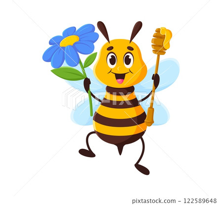 Cartoon honey bee character, cute honeybee animal mascot holding blue flower and honey dipper. Vector flying bee insect personage with happy expression representing pollination, nature and sweetness Cartoon honey bee character, cute honeybee animal mascot holding blue flower and honey dipper. Vector flying bee insect personage with happy expression representing pollination, nature and sweetness 122589648