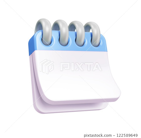 3D render event planner calendar icon. Isolated vector spiral bound notepad, meeting and dates reminder with blue binding and white slight curl page. Calendar for appointments, deadlines, planning 122589649
