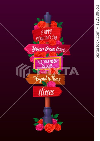 Valentine day party sign board or holiday signage with direction arrows, vector poster. Happy Valentine Day signboard with greetings, love quotes and cupid or kisses directions in roses flowers Valentine day party sign board or holiday signage with direction arrows, vector poster. Happy Valentine Day signboard with greetings, love quotes and cupid or kisses directions in roses flowers 122589653