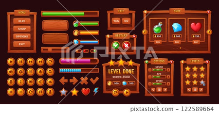 Wooden game interface buttons and bars or menu panels, vector cartoon UI elements and GUI assets. Arcade game menu buttons and interface controls with wooden loading bars and gamer panel settings 122589664