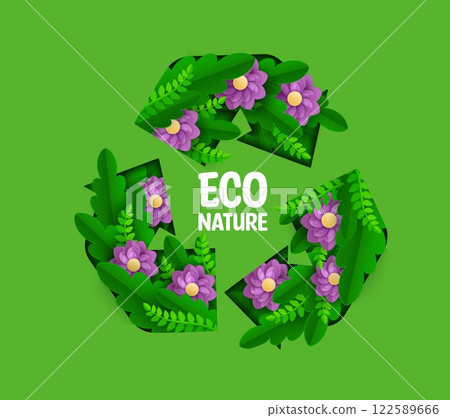 Paper cut recycle sign with green leaves and flowers, environment banner. 3d vector eco friendly emblem with lush vegetation and vibrant purple blooms, promotes nature sustainability and awareness Paper cut recycle sign with green leaves and flowers, environment banner. 3d vector eco friendly emblem with lush vegetation and vibrant purple blooms, promotes nature sustainability and awareness 122589666