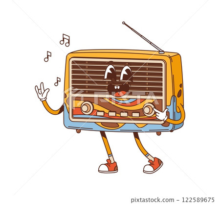 Cartoon retro groovy radio receiver character. Isolated vector vintage technology personage with nostalgic 60s vibes. Funky accessory exuding upbeat energy. Gleeful old radio with smile and antennae 122589675