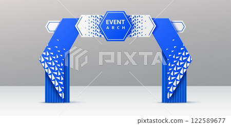 Blue event arch, realistic 3d vector exhibition entrance, modern arc gate with geometric triangular patterns and central hexagonal signage area. Entry for conferences, exhibitions, or corporate events Blue event arch, realistic 3d vector exhibition entrance, modern arc gate with geometric triangular patterns and central hexagonal signage area. Entry for conferences, exhibitions, or corporate events 122589677