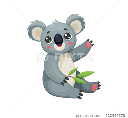 Cartoon funny koala bear character sitting with a friendly expression, holding a green eucalyptus leaf. Isolated vector cute Australian animal personage with big eyes, captures the charm and innocence Cartoon funny koala bear character sitting with a friendly expression, holding a green eucalyptus leaf. Isolated vector cute Australian animal personage with big eyes, captures the charm and innocence 122589678