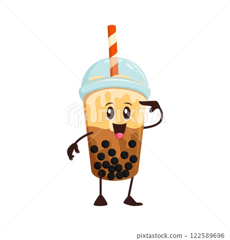 Cartoon bubble tea cup character, vector fast food mug kawaii personage. Disposable plastic container with tapioca pearls, dome lid and straw. Isolated takeaway pack for cold drinks and beverages 122589696