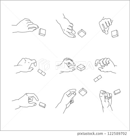 A set of pinching hand illustrations. Black and white vector illustration. A set of pinching hand illustrations. Black and white vector illustration. 122589702