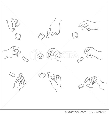 A set of pinching hand illustrations. Black and white vector illustration. 122589706