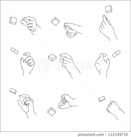 A set of pinching hand illustrations. Black and white vector illustration. 122589710