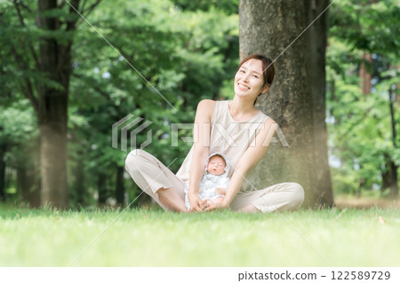 Baby yoga, mother doing parent-child yoga, young asian woman (yoga wear, park) 122589729