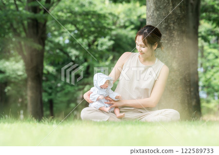 Baby yoga, mother doing parent-child yoga, young asian woman (yoga wear, park) Baby yoga, mother doing parent-child yoga, young asian woman (yoga wear, park) 122589733