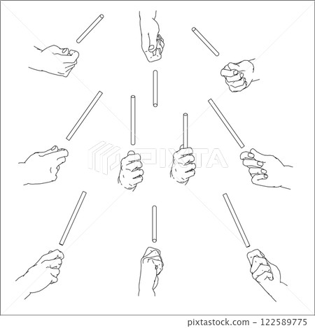 A set of illustrations of a hand holding a stick. Black and white vector illustration. 122589775