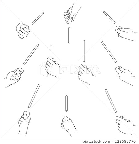 A set of illustrations of a hand holding a stick. Black and white vector illustration. A set of illustrations of a hand holding a stick. Black and white vector illustration. 122589776