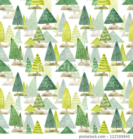 Hand drawn watercolor fir tree seamless pattern. Illustration of evergreen trees isolated on white background. Can be used for textile, fabric, scrapbook and other printed products. 122589840